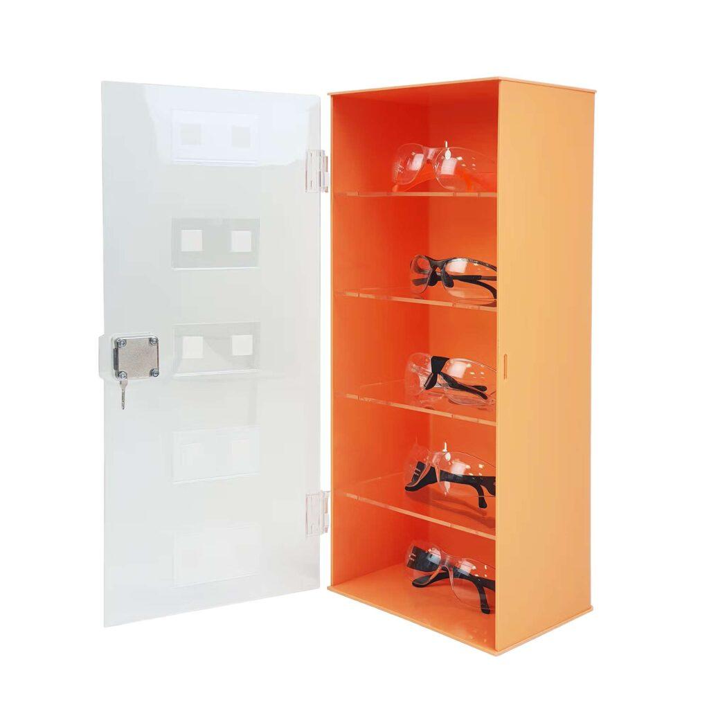 A custom made orange and clear acrylic display cabinet made to protect glasses.