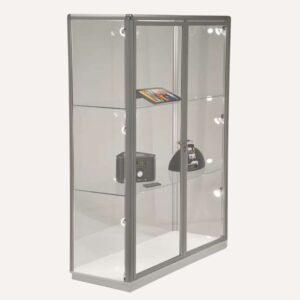 A metal display cabinet with illumination.