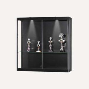 A black wall mounted display cabinet with spotlights.