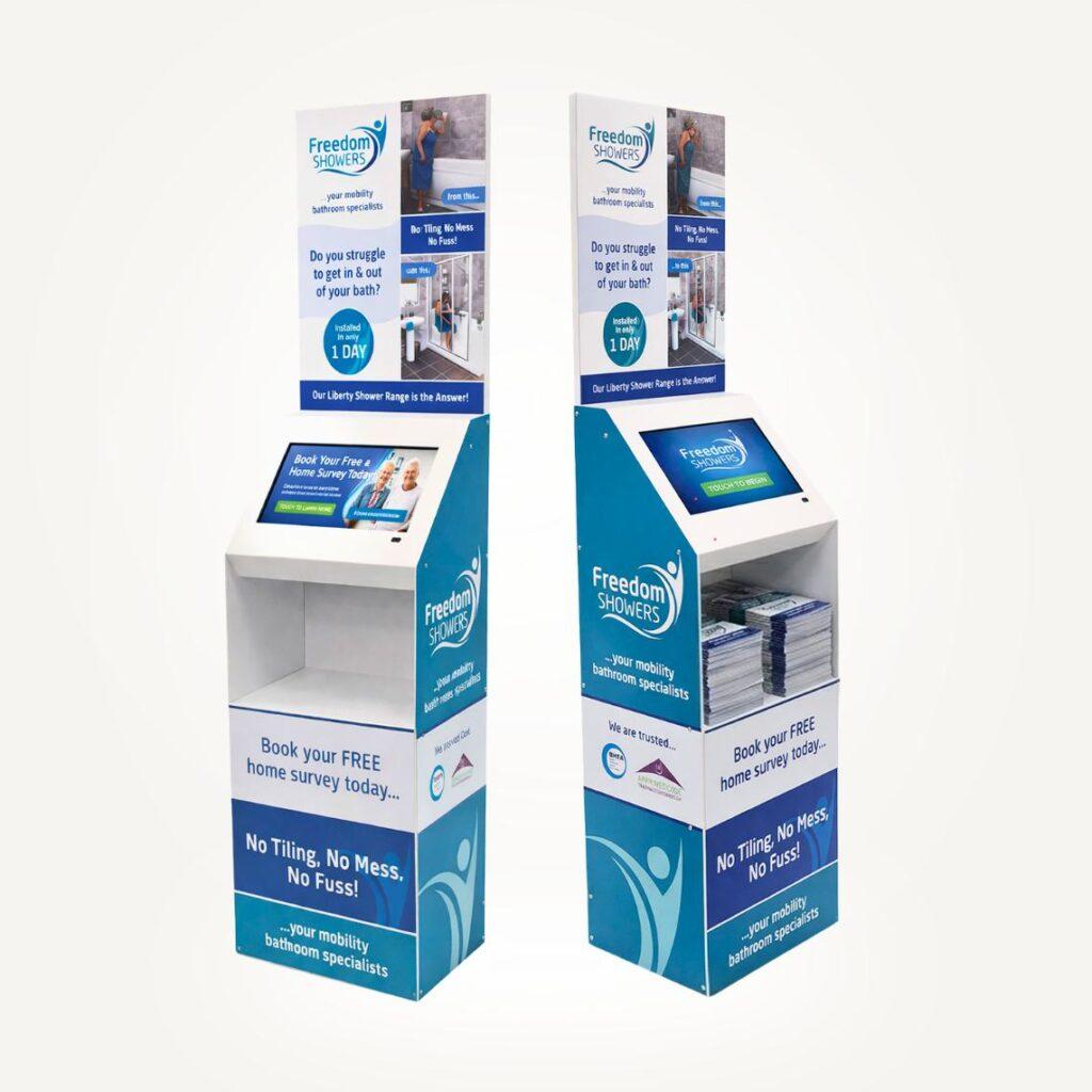 Interactive digital brochure display dispenser kiosk with touchscreen advertising display and leaflet holder for retail stores and showrooms.