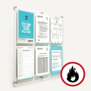 Clear minimalist Fire Rated Notice board with A4 pockets.