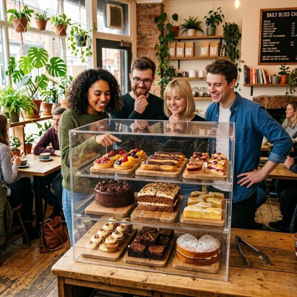 People in a cafe surrounded by plants, smiling and pointing at cakes in a clear acrylic display case.