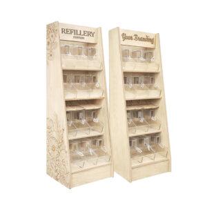 Zero waste refill station gravity food dispenser display stand made from eco plywood for refill shops and bulk food stores