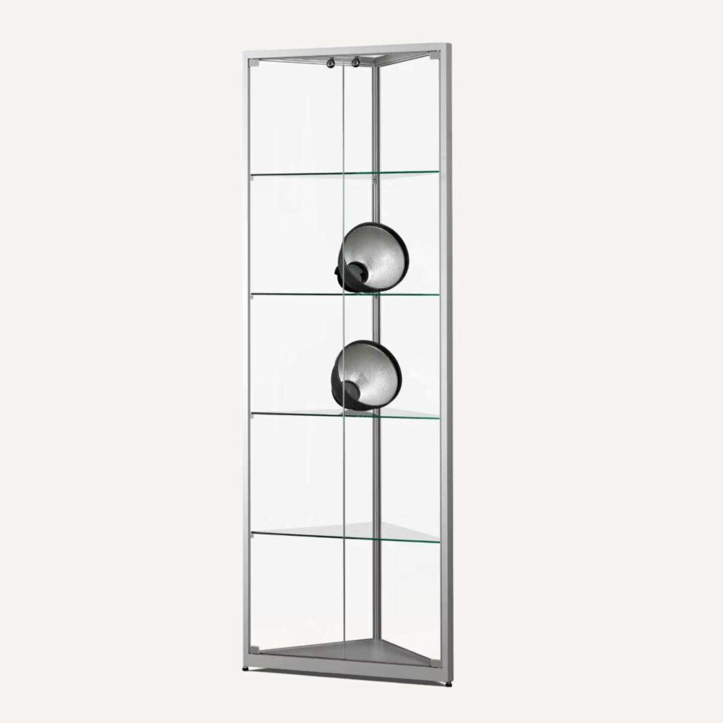 A corner silver metal framed glass display cabinet.