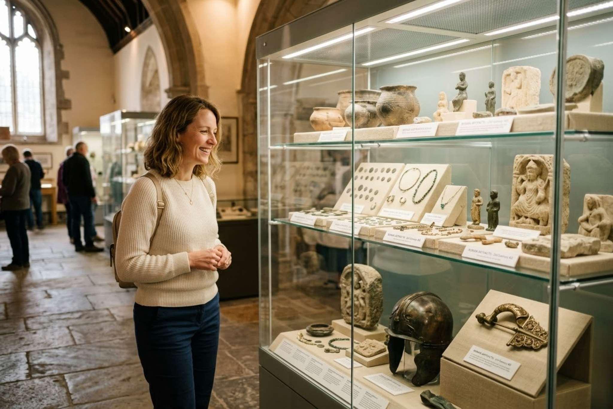 A woman smiling at museum relics in a glass display cabinet.
