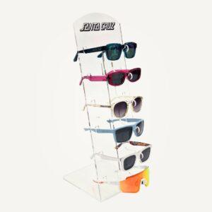 Custom Santa Cruz countertop sunglasses display stand holding six pairs in clear acrylic POS unit