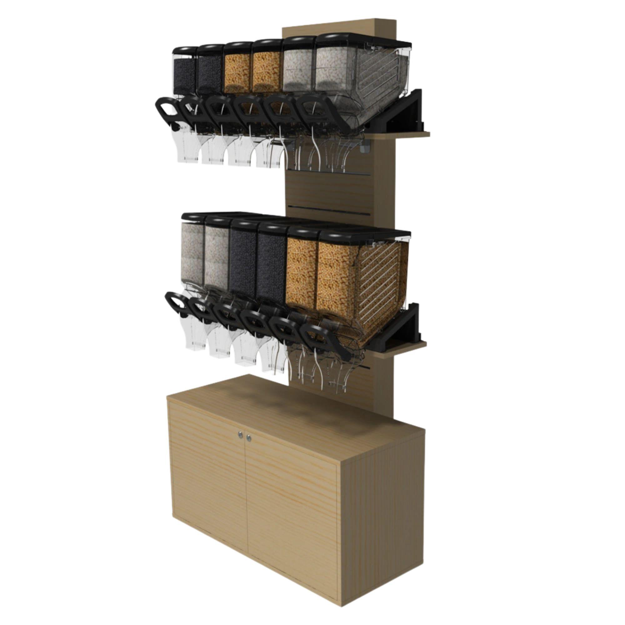 Multi-unit bulk food dispenser display system for retail stores with gravity-fed containers.