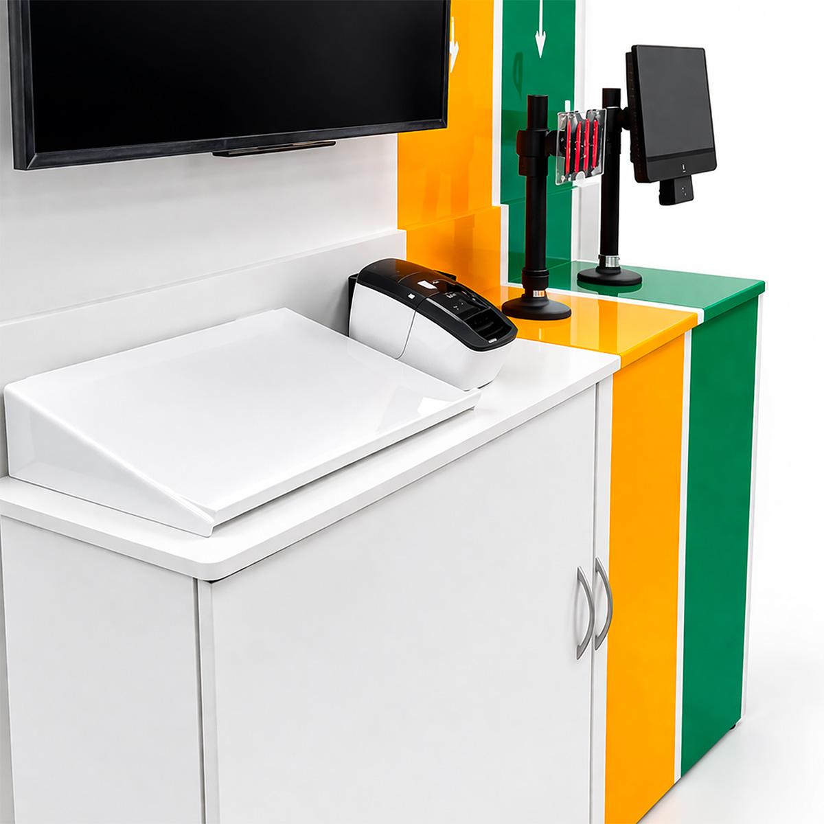 Health and safety station book rest and document logging area with integrated scanner and storage cabinet.
