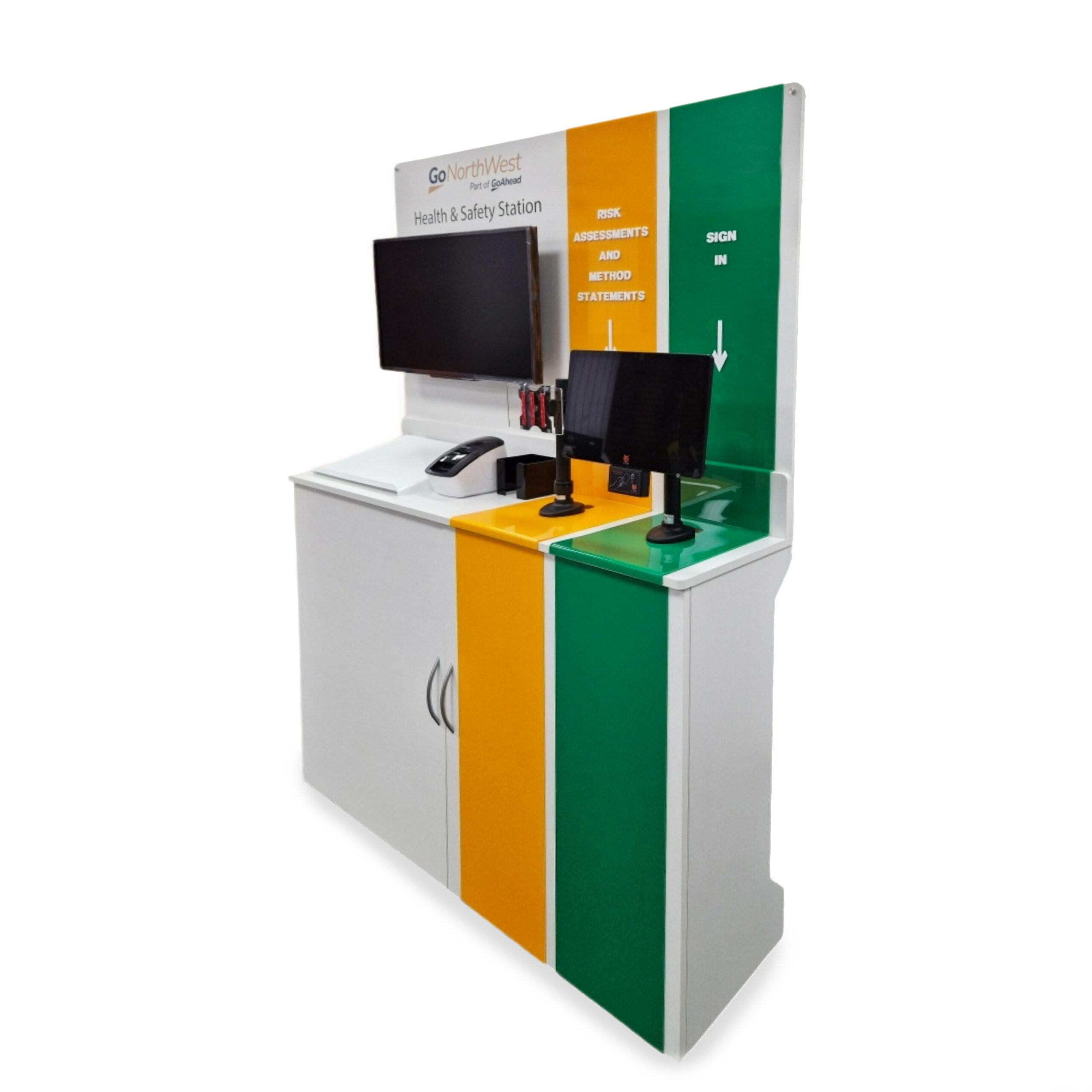 Custom health and safety station angled view with 32 inch screen, sign-in tablet and branded panels.
