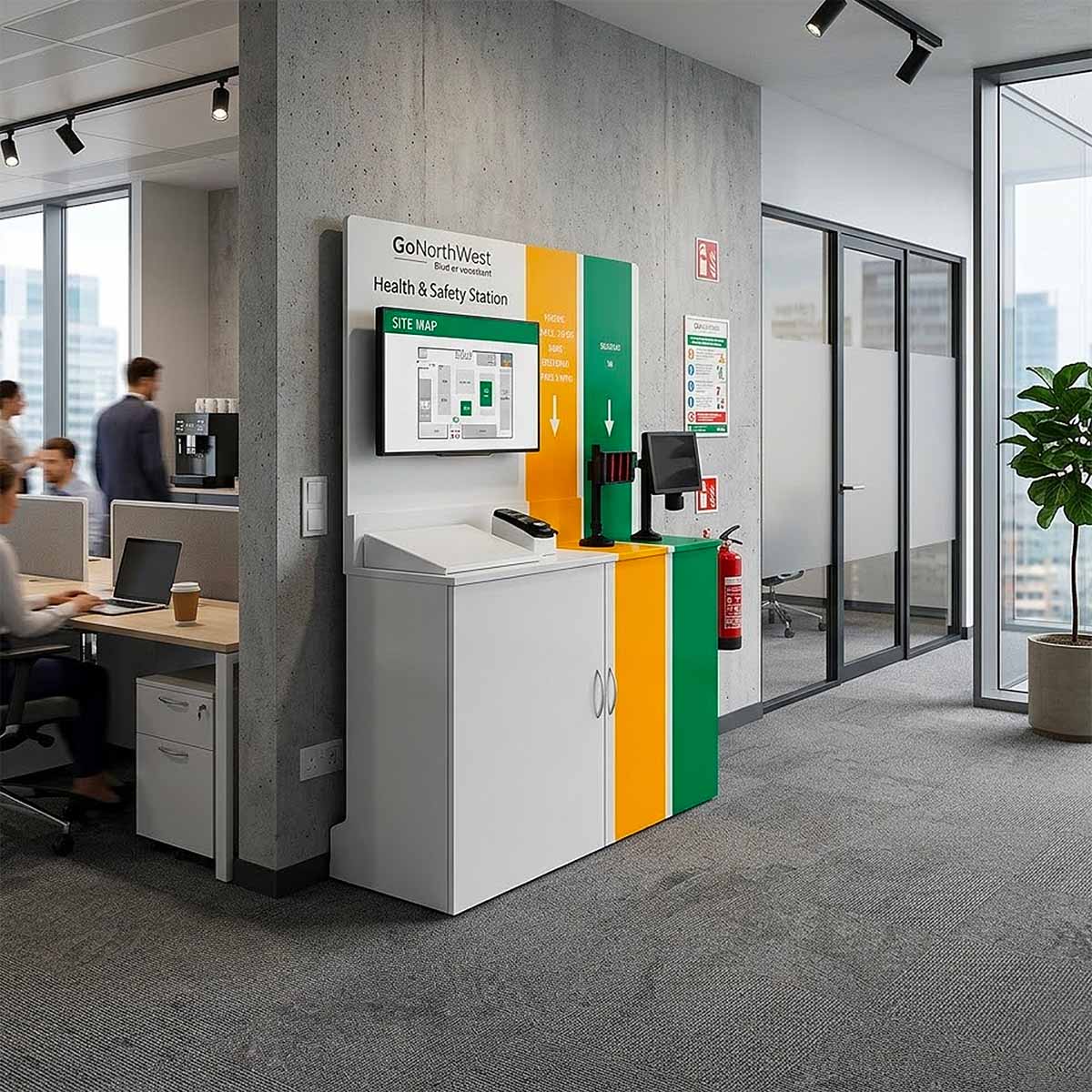Health and safety station installed in workplace environment with digital screen and visitor sign-in system.