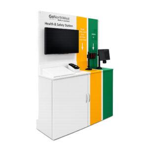 Health and safety station with digital screen, tablet sign-in and custom branding in white studio setting.