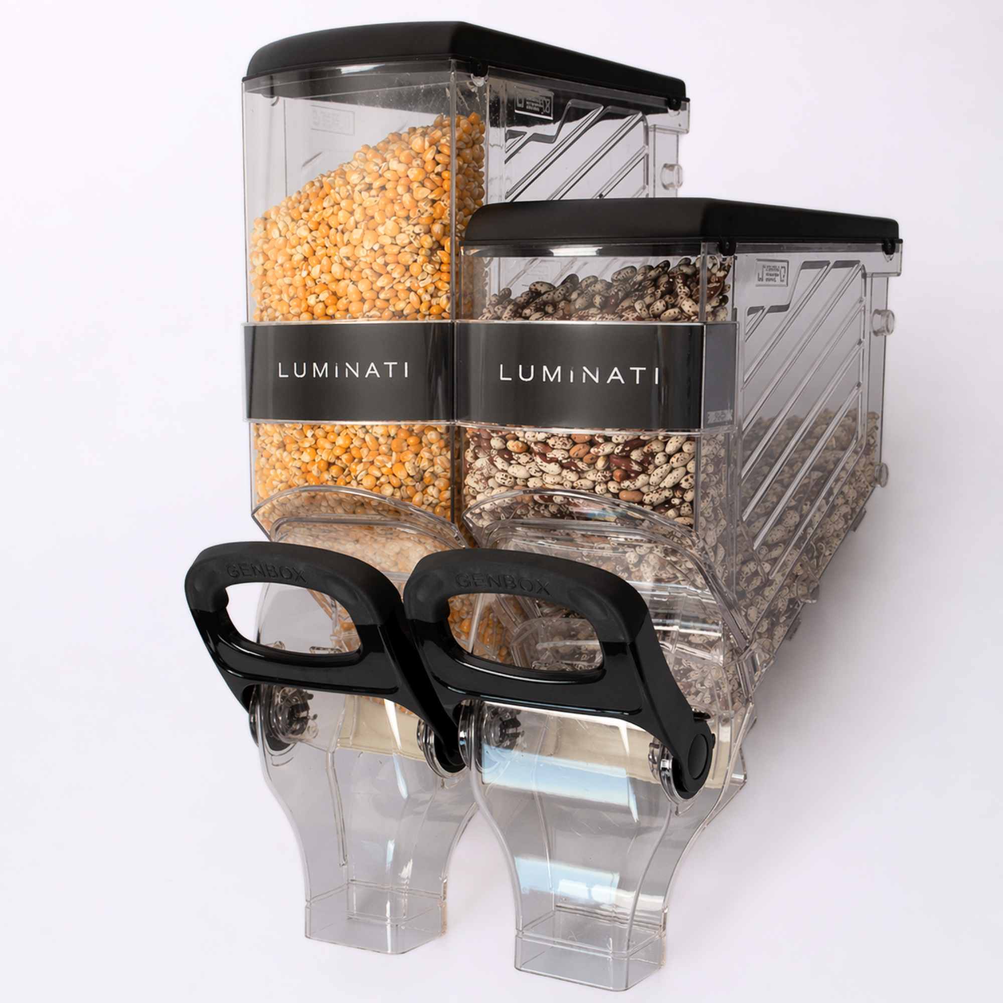 Dual acrylic bulk food dispensers with custom Luminati branding for retail display systems - 1 8L dry food dispenser and 1 13L dry food dispenser.