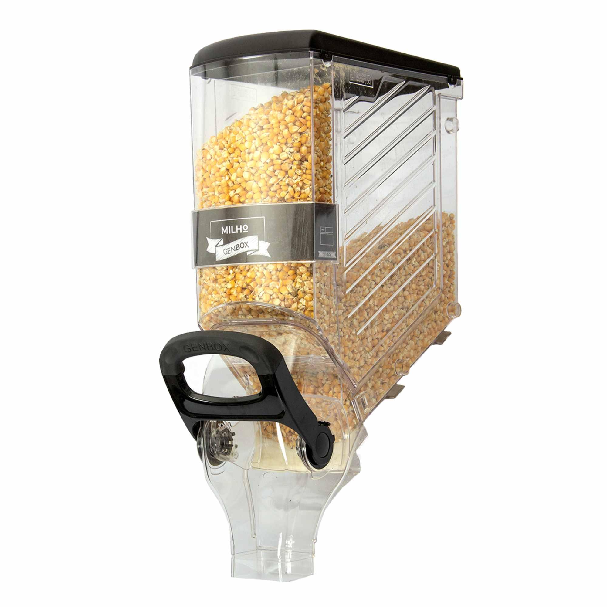 Clear acrylic gravity food dispenser filled with corn, designed for retail bulk food display.