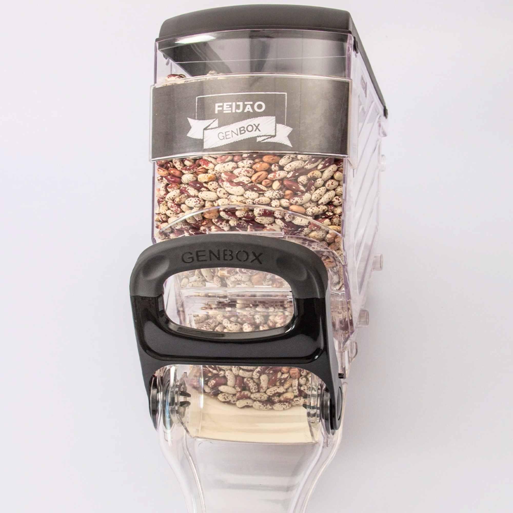Clear acrylic bulk food dispenser filled with beans featuring gravity feed handle for retail use.