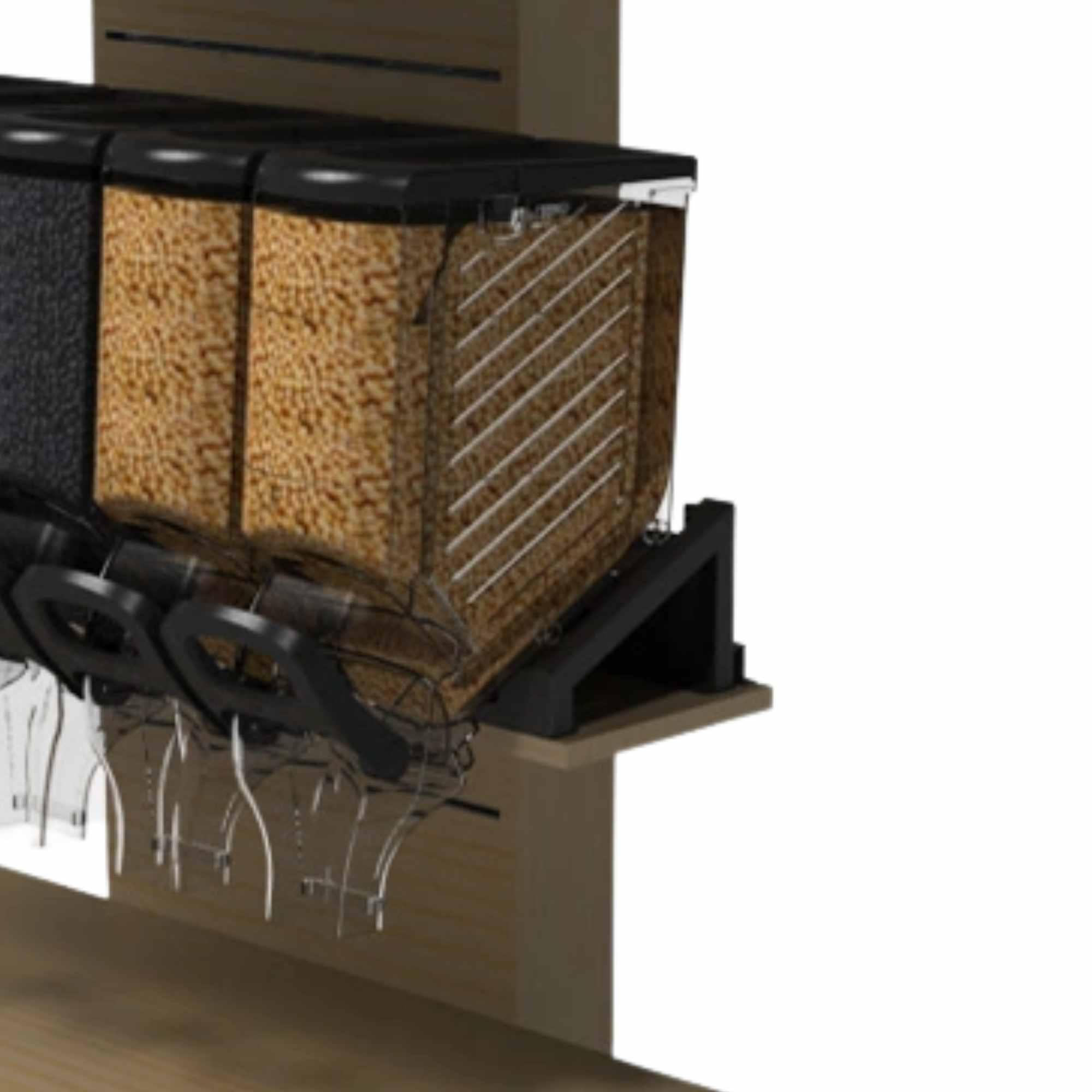 Gravity bulk food dispensers mounted on countertop using GenBox support brackets and rail system