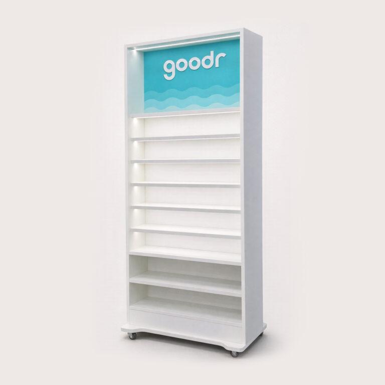 A floor standing LED mobile sunglasses unit on castor wheels, with custom goodr branding.