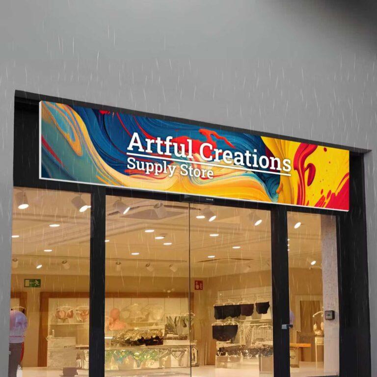 An outdoor screen on a shop front.