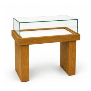 Oak veneer display case counter with low iron glass enclosure and white internal display base.