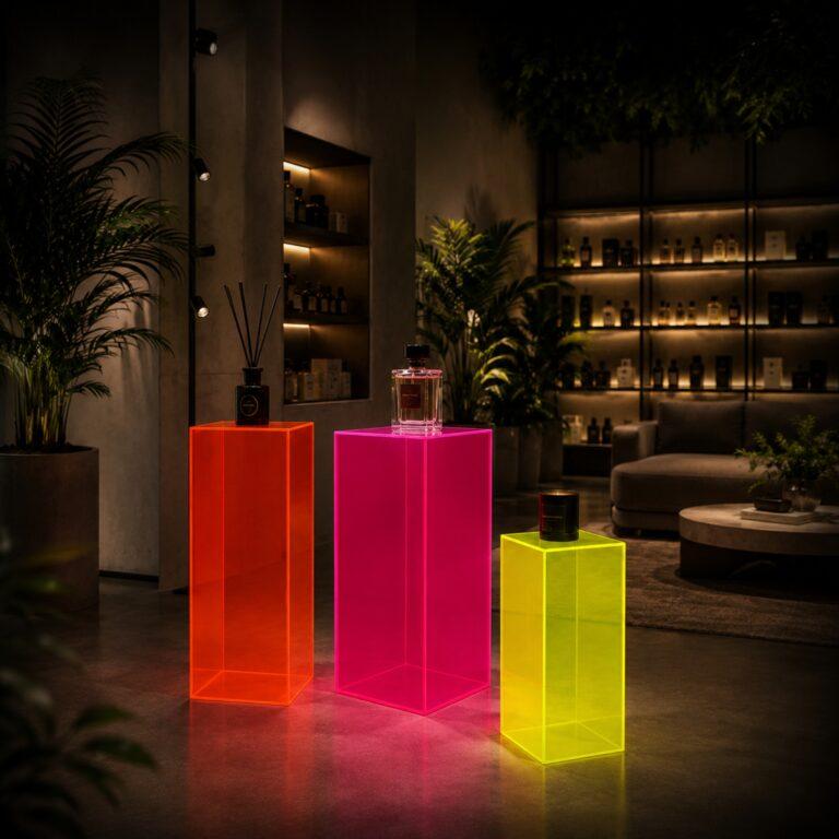 A premium hyyge looking shop setting with three neon plinths on display, on eyellow, one red and one pink, all with candles and perfume on display.