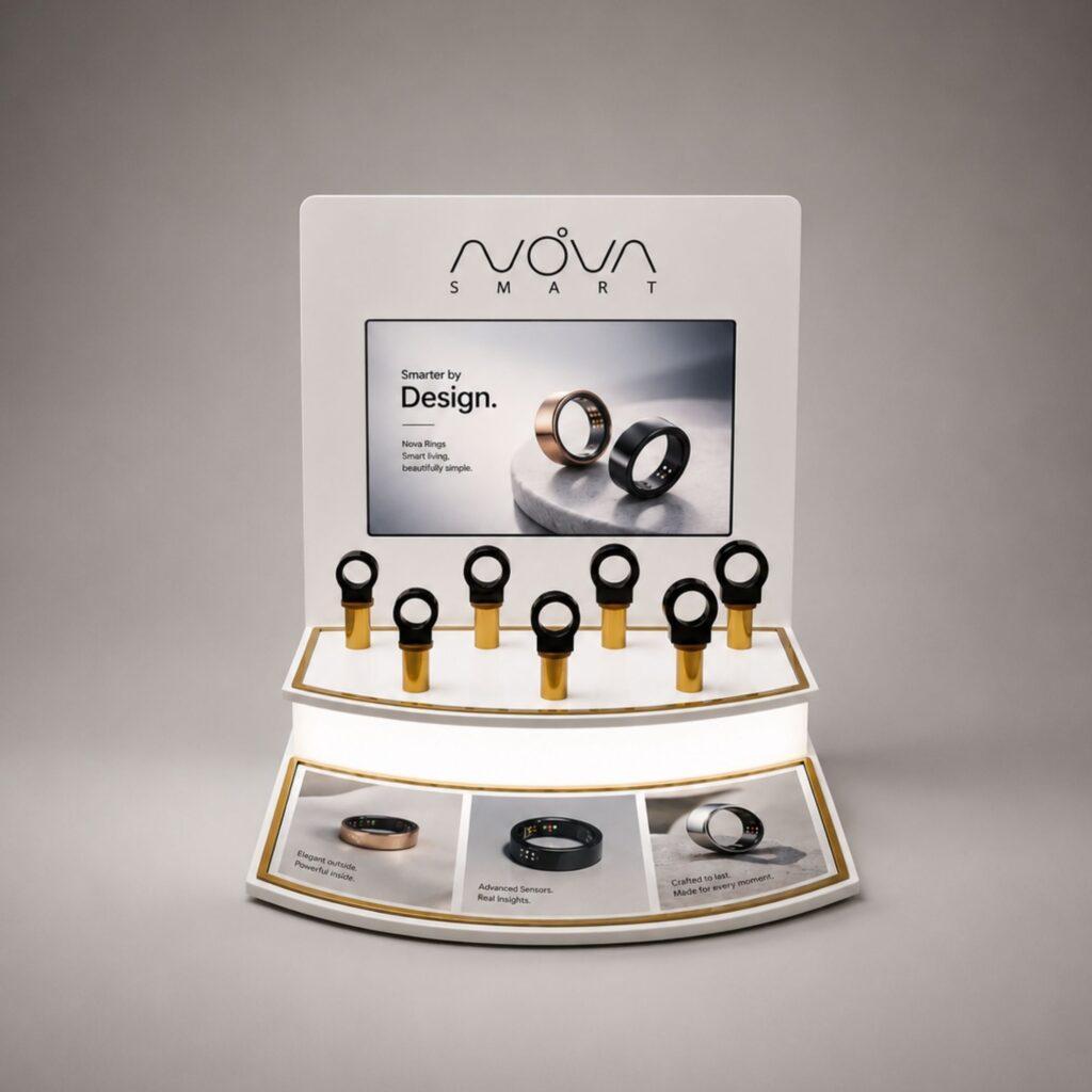 Illuminated smart ring display with integrated digital screen and custom digital branding.
