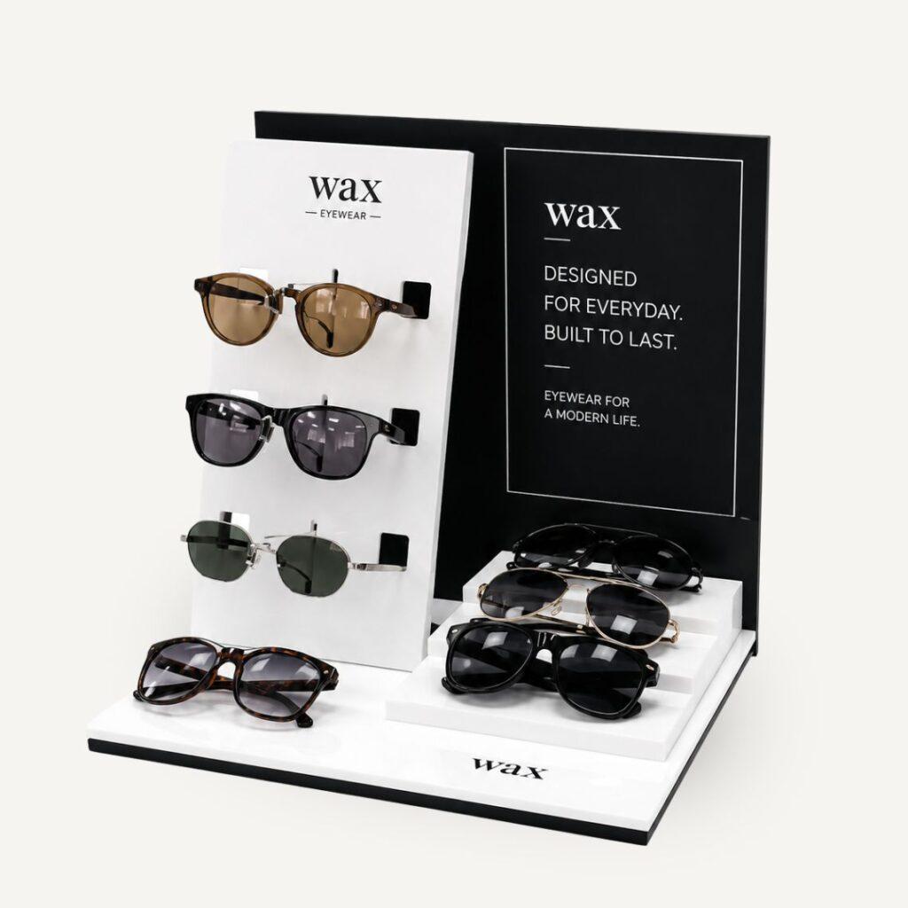 Premium acrylic countertop POS display for WAX eyewear featuring interchangeable graphics, stepped product presentation, and integrated branding for retail environments.