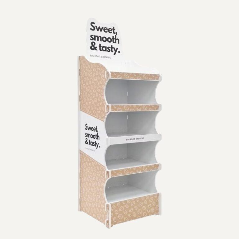 A freestanding flat pack food product display stand with a header and custom branding.