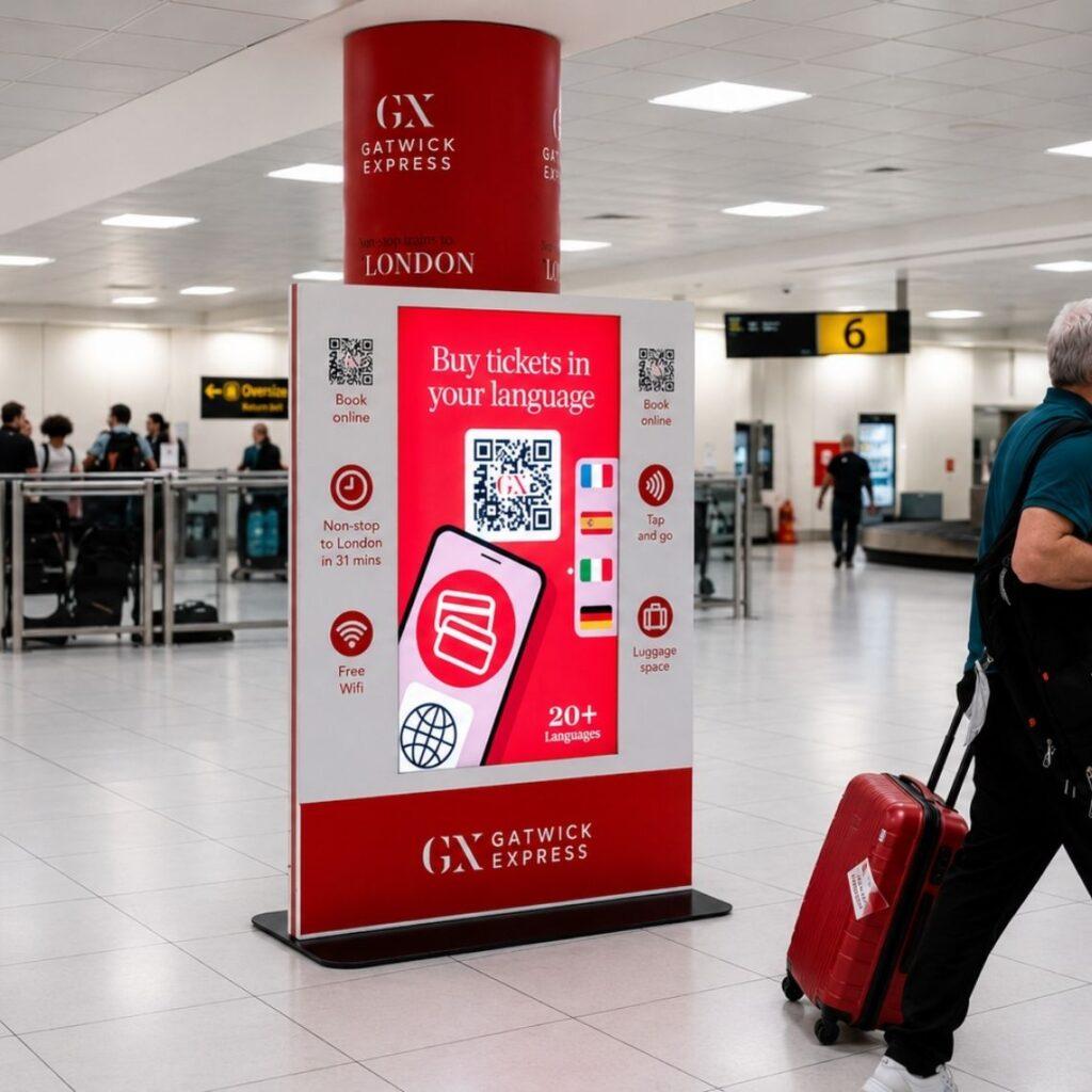 Custom branded Gatwick Express digital display installed within Gatwick Airport terminal.