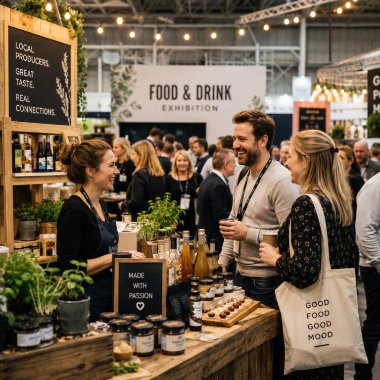 People smiling at a food stall at a food and drink exhibition.