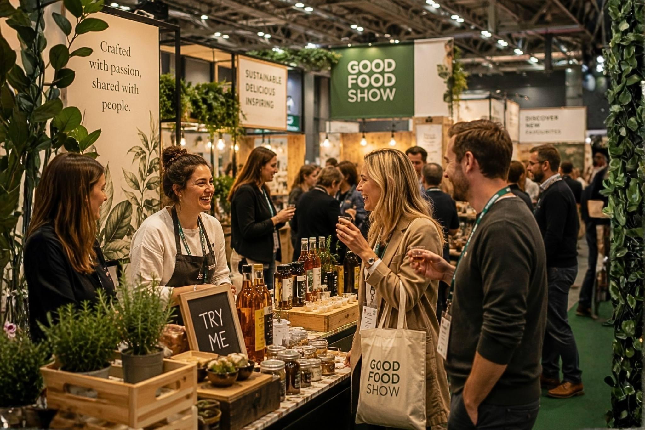 A food and drink exhibition with people smiling, trying product samples.