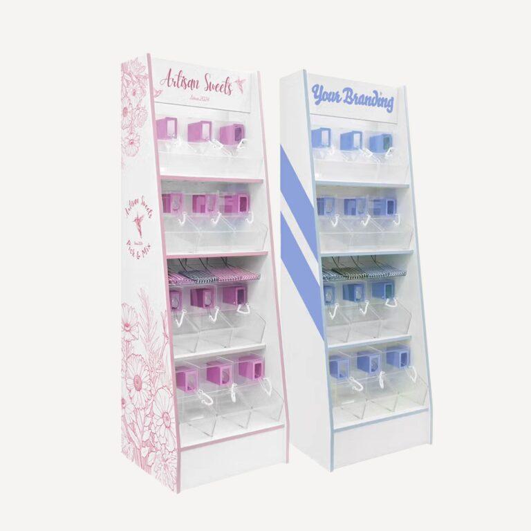 Two pastel pink and blue custom made pick and mix units.