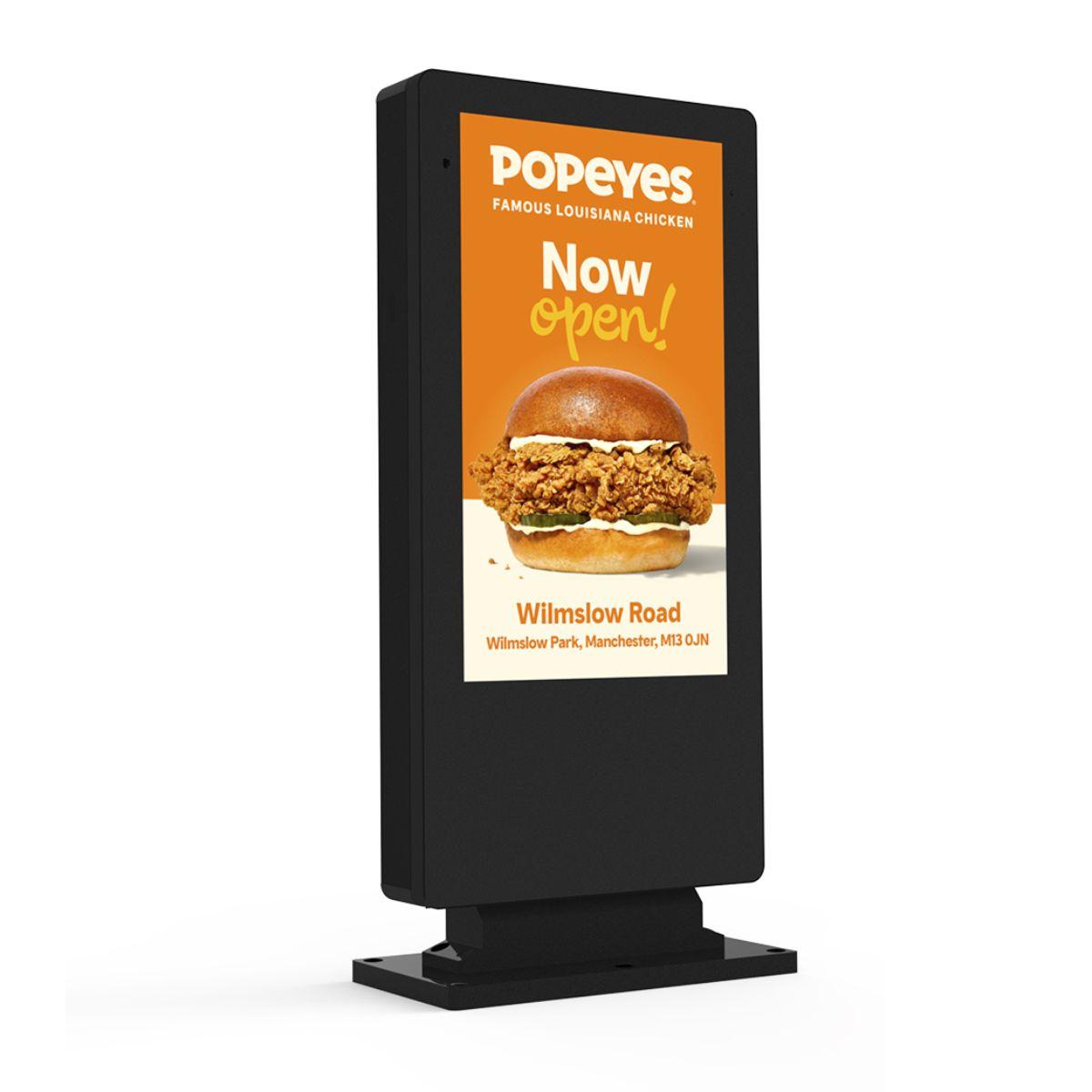 55-inch 4K outdoor freestanding digital poster displaying a Popeyes restaurant promotion