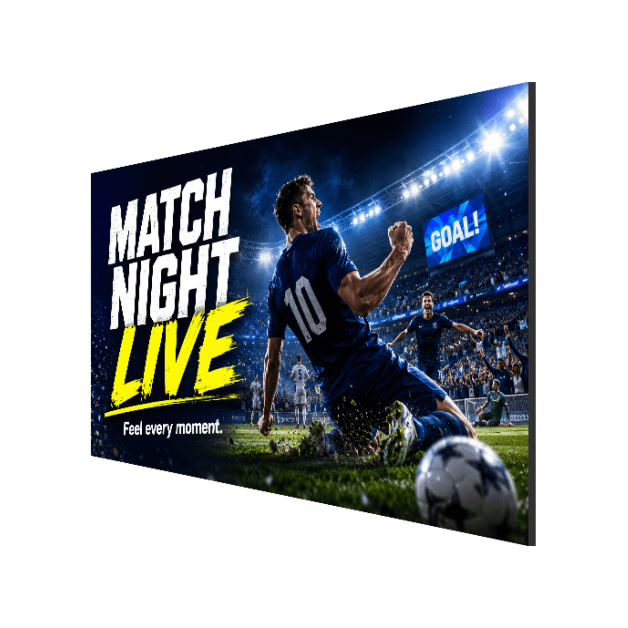 A P1.2 Indoor Direct View COB LED Screen with an ad about football on the screen.