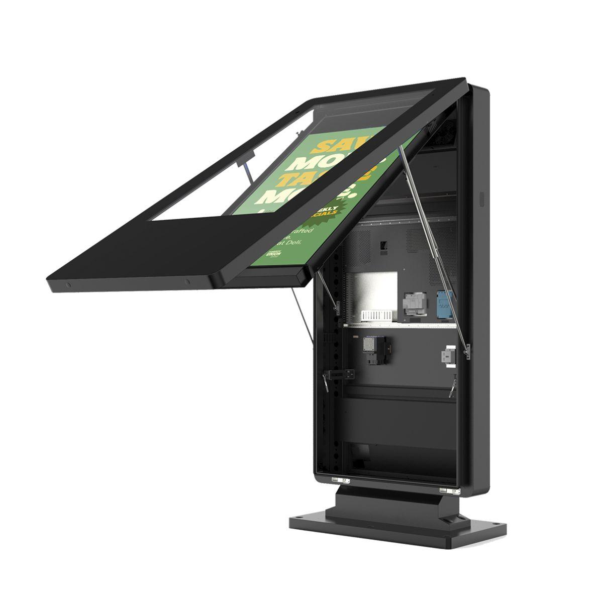 Front-serviceable outdoor digital advertising screen with open enclosure for easy maintenance access