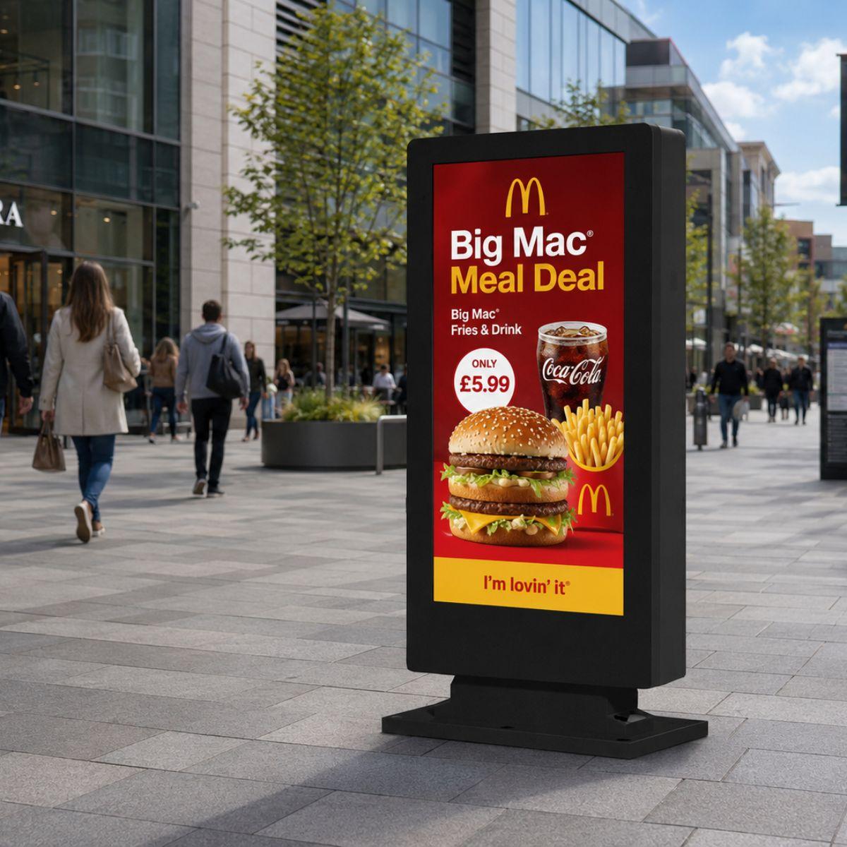55-inch outdoor freestanding digital advertising screen displaying a McDonald’s promotion in a modern shopping centre