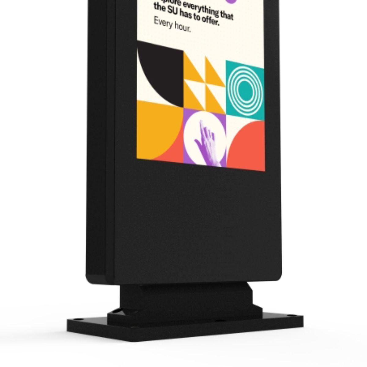 Close-up of the secure base and lower enclosure of a 55-inch outdoor freestanding digital poster
