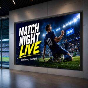 A P1.2 Indoor Direct View COB LED Screen with an ad about football on the screen. The screen is inside a football stadium indoor area.