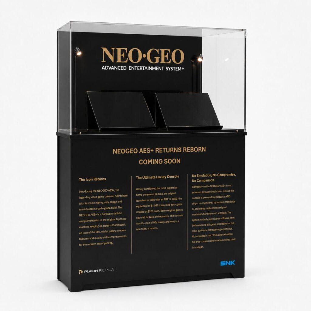 Angled view of a bespoke NEO-GEO product display case featuring integrated stem lighting, custom branding and MDF plinth.