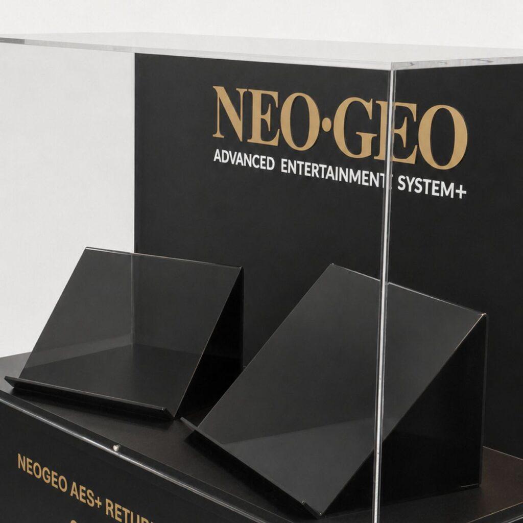 Close-up of custom-made angled product holders inside the NEO-GEO acrylic display case with branded backdrop.