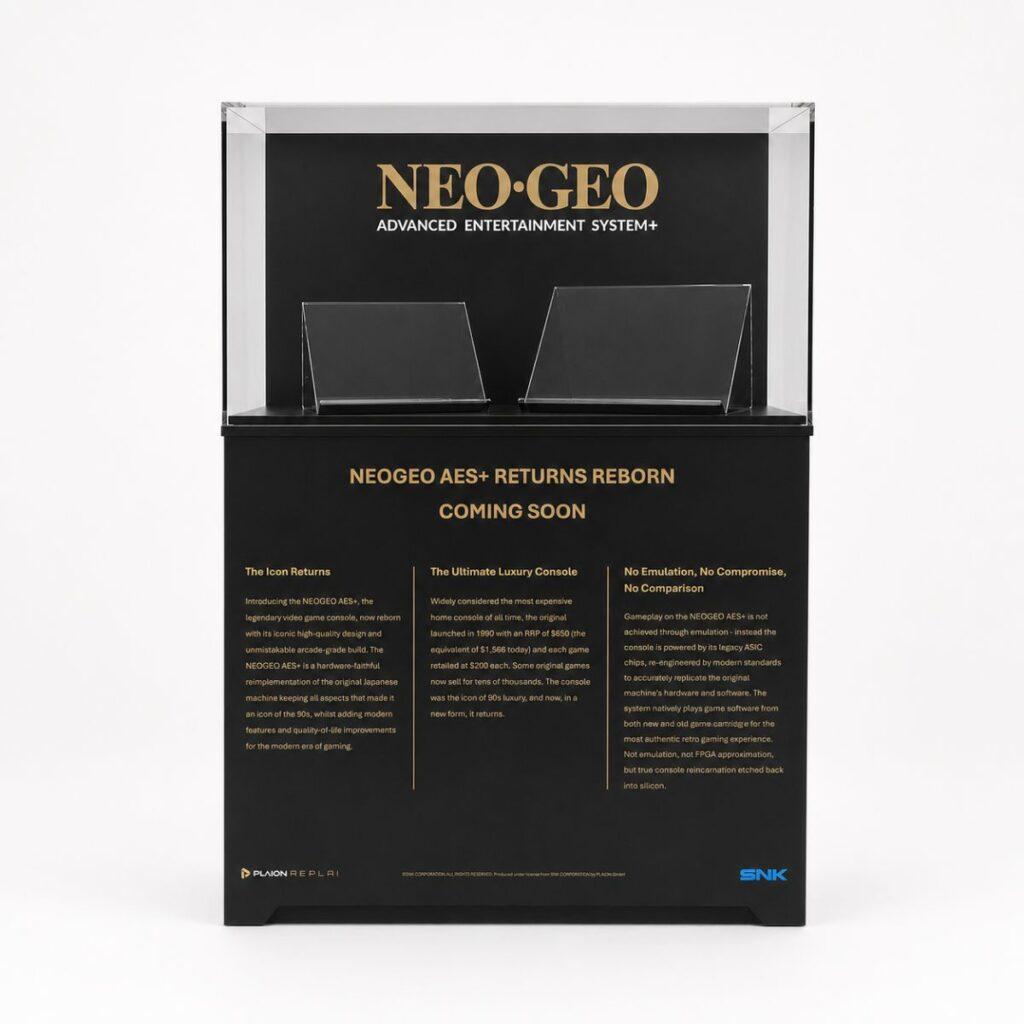 Front view of a bespoke NEO-GEO illuminated product display case with branded MDF plinth, acrylic showcase and custom book holders.